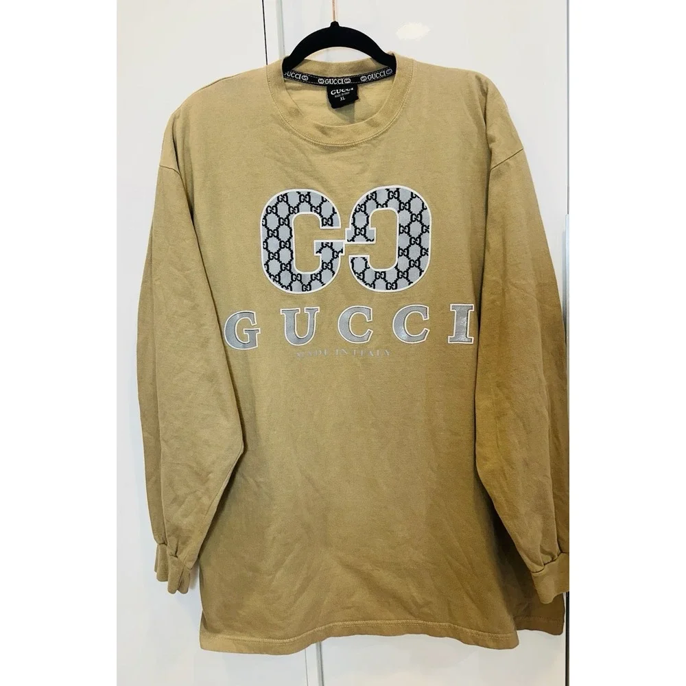 Gucci Tan Interlocking GG Logo Long Sleeve T-Shirt XL Made in Italy Khaki